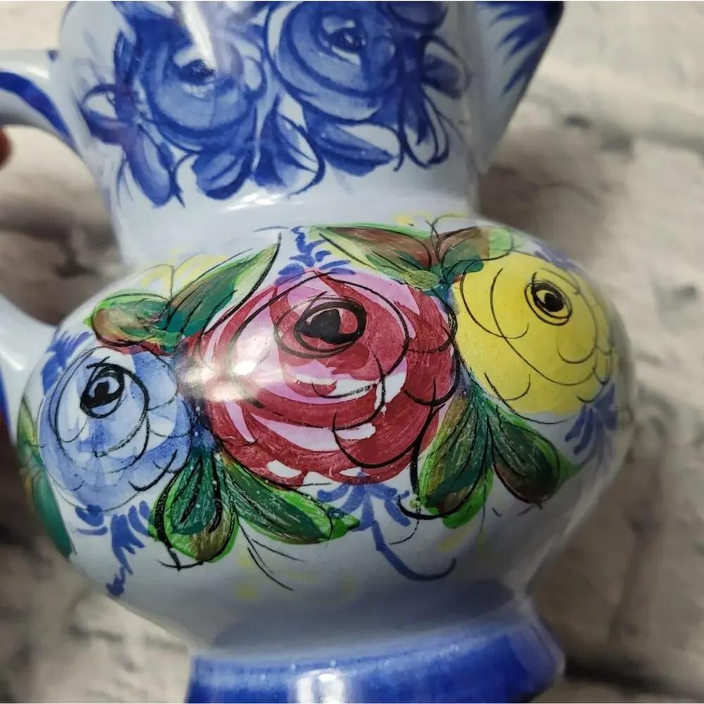 Vestal Alcobaca Signed & Numbered Small Blue Floral Pitcher made in Portugal 5